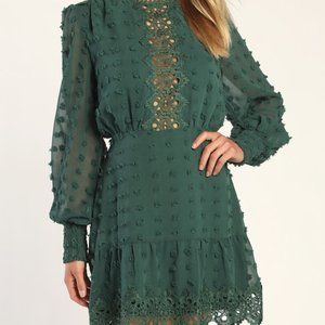 Lulus Lust Or Love Emerald Green Embroidered Lace Long Sleeve Dress - Size Small